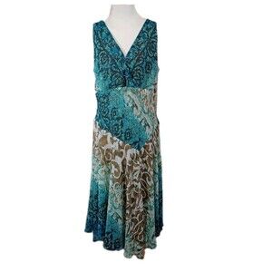 Dress Barn Women's Teal Tropical Print Asymmetrical  Fit And Flare Dress Size 14